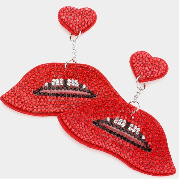 Red Heart Bling Dangle Lip Earrings Cute Fashion Statement Accessories - Picture 3 of 3